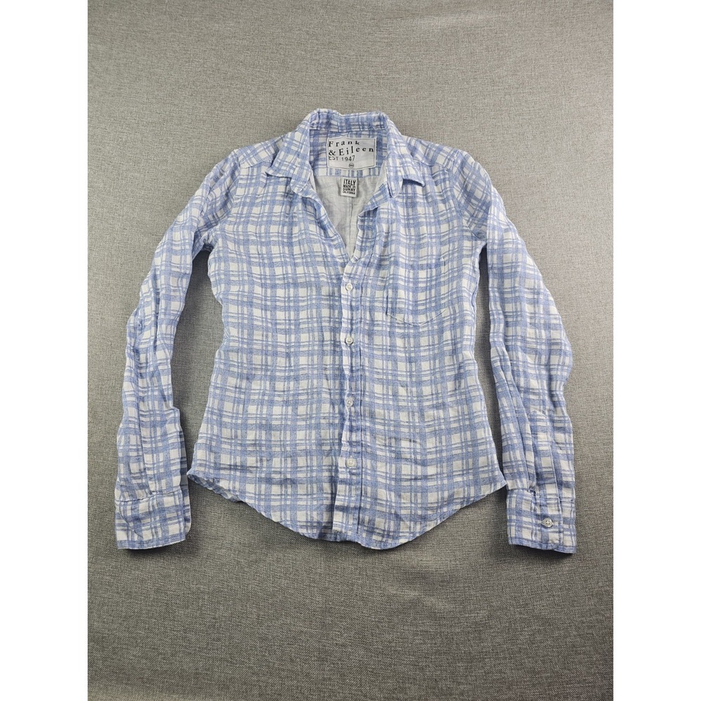 Frank & Eileen Barry Shirt Womens Xxs Blue Plaid Linen Button Up Long Sleeve